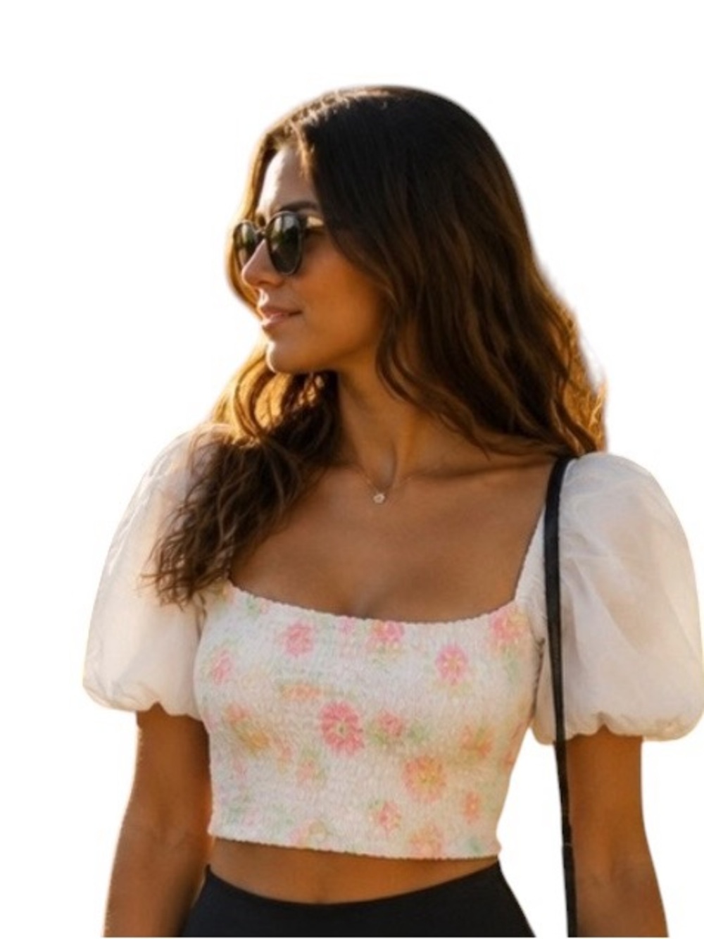 ZARA Embroidered Smocked Puff Sleeve Crop Top White Cottagecore